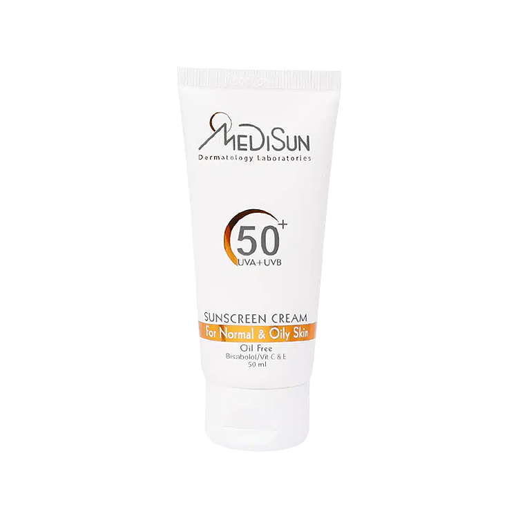 کرم ضد آفتاب بی رنگ پوست های معمولی تا چرب مدیسان SPF50 حجم 50 میلی لیتر