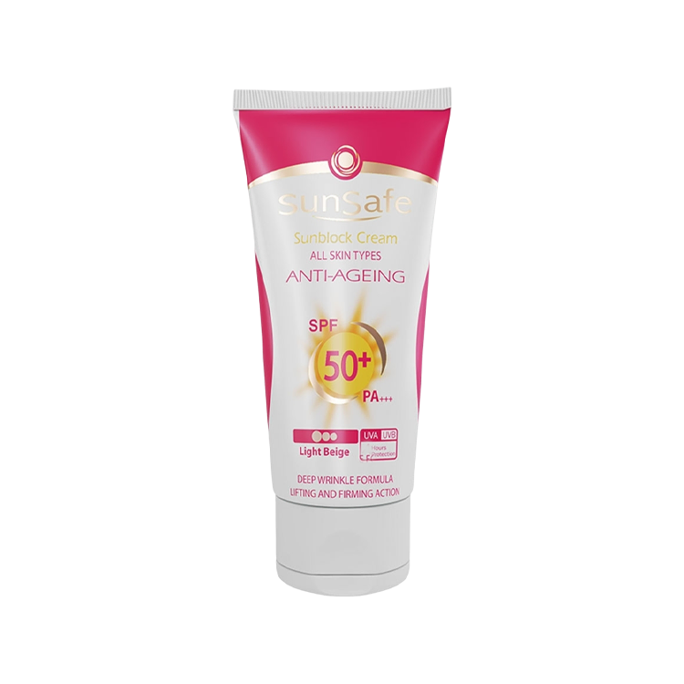 کرم ضد آفتاب ضد چروک رنگی بژ روشن انواع پوست سان سیف SPF50 حجم 50 میلی لیتر