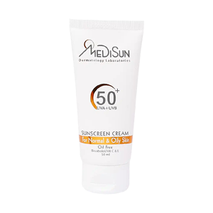 کرم ضد آفتاب بی رنگ پوست های معمولی تا چرب مدیسان SPF50 حجم 50 میلی لیتر